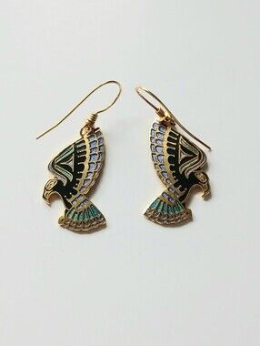 Vtg 1980s ROCCOCO Cloisonne Enamel "Ethnic Eagle" Drop Earrings Pair